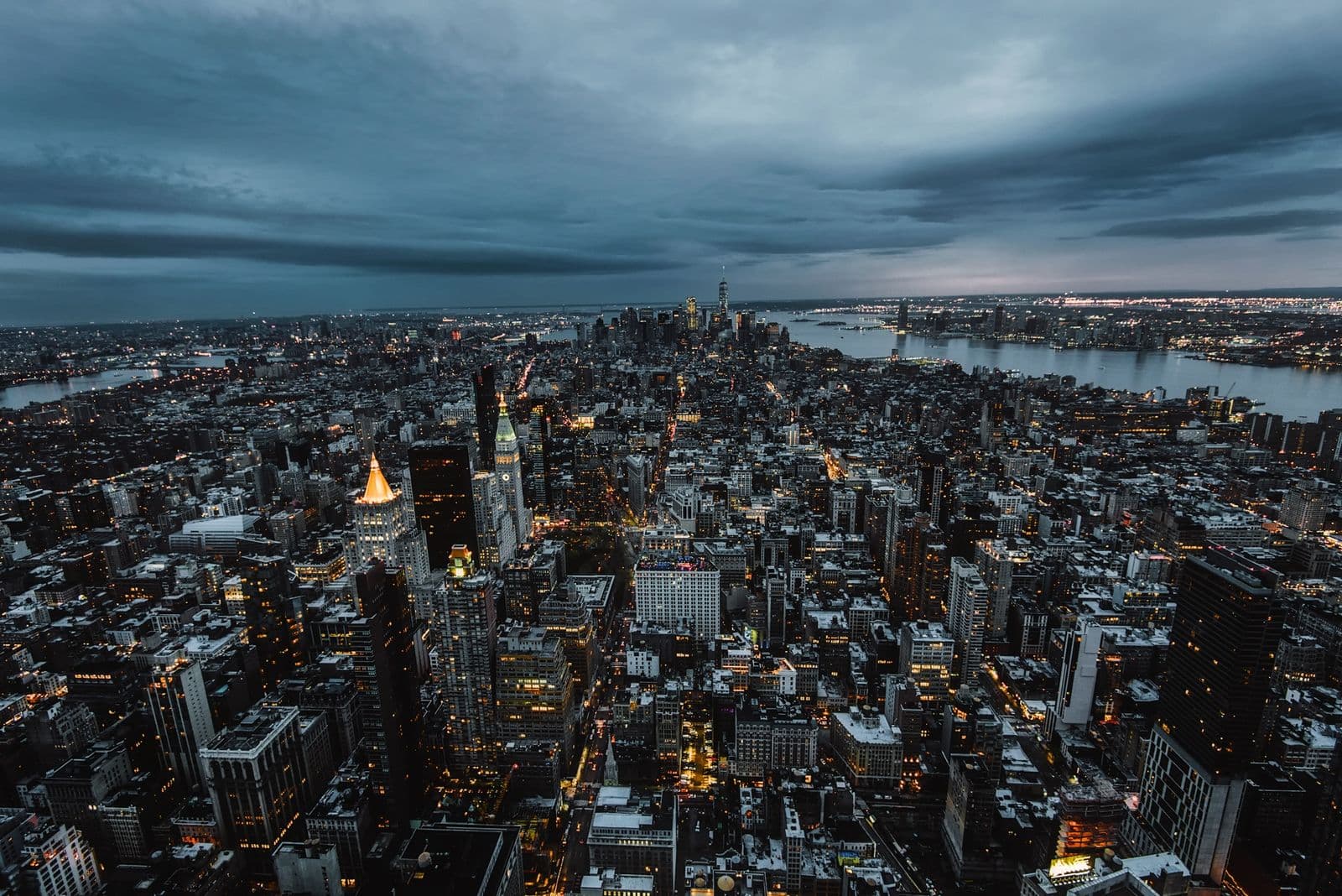 City skyline of commercial buildings at night